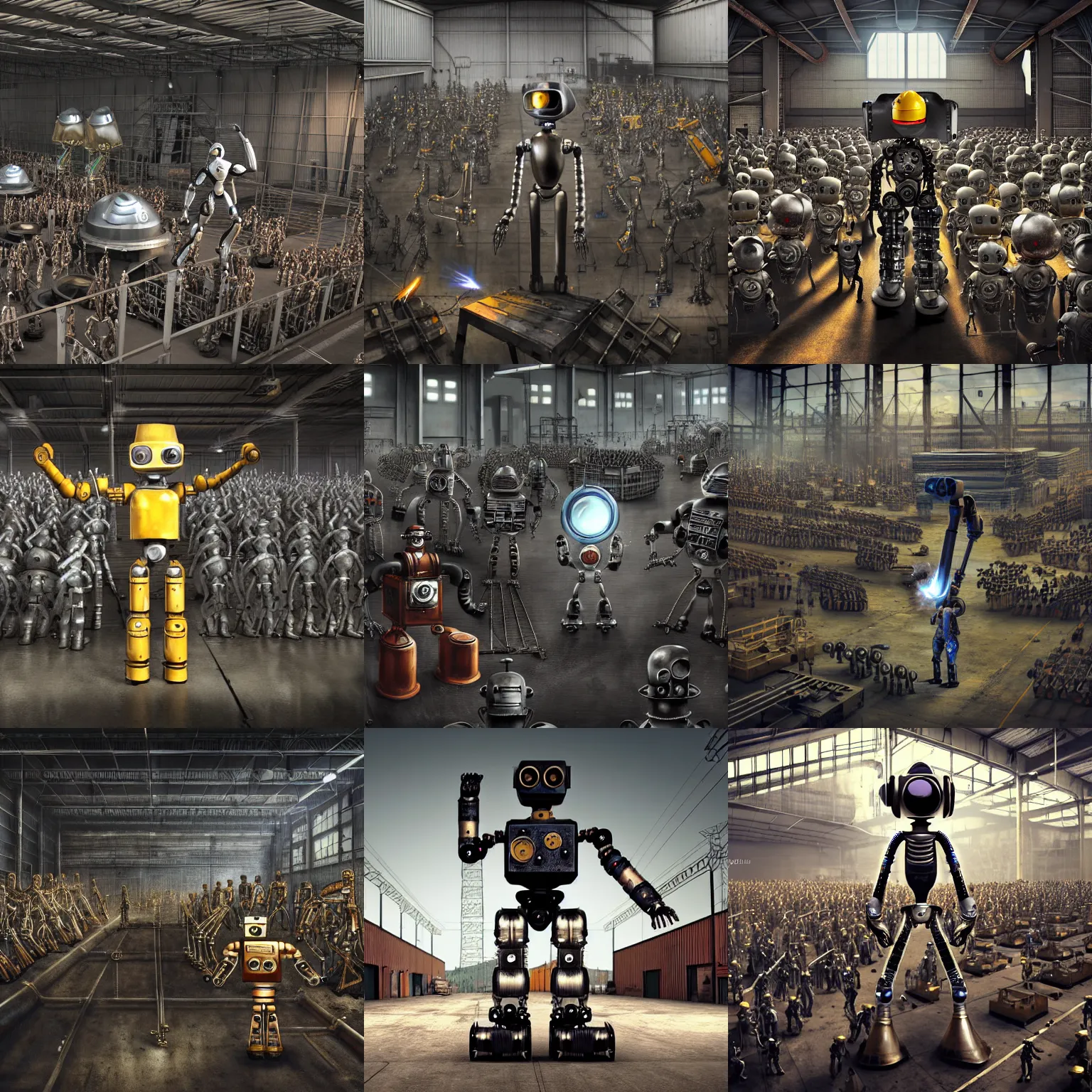 Prompt: a realistic engineer robot wearing a welding helmet, one fist raised high in triumph, standing in front of many large robots inside a huge rusty dingy warehouse, army of large robots, raygun gothic, atomic punk, digital art, detailed render, high angle