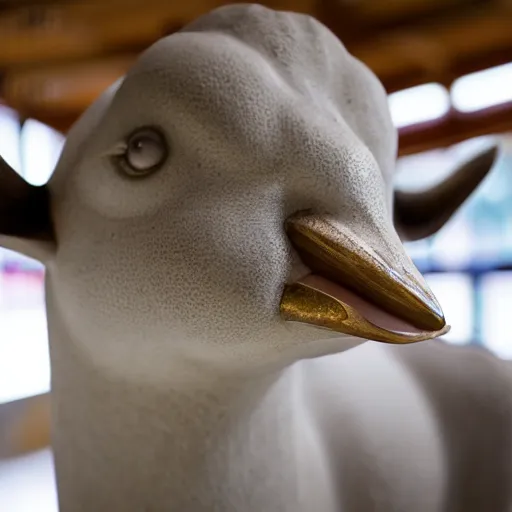 Image similar to a taxidermized smiling goose cow chimera, in a museum, on a pedestal, 8 5 mm lens, 7 0 mm entrance pupil diameter, close - up photograph, high detail, 4 k, soft focus, depth of field