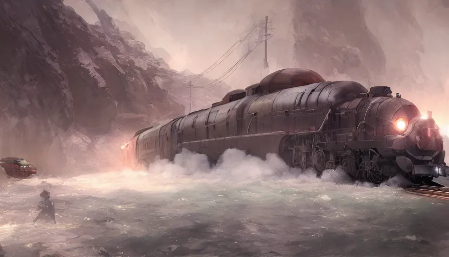 Image similar to craig mullins and ghibli digital illustration of a long dragon train in deep ocean unreal engine, hyper realism, realistic shading, cinematic composition, realistic render, octane render, detailed textures, photorealistic, wide shot