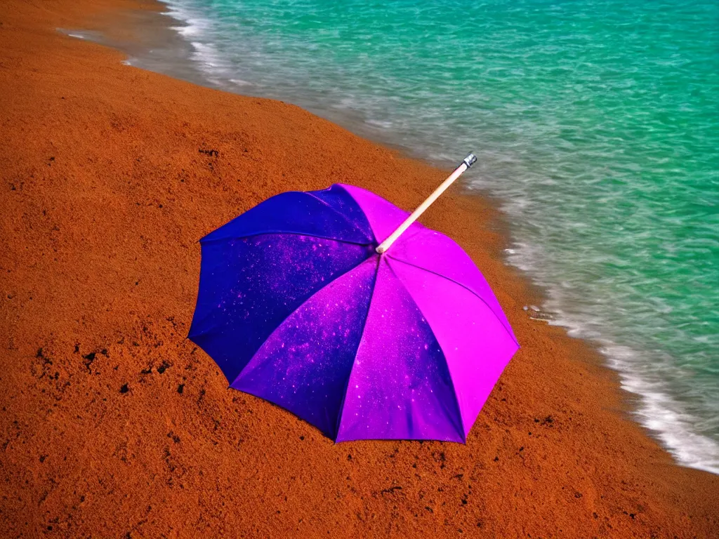 Image similar to purple umbrella, red sand beach, green ocean, nebula sunset