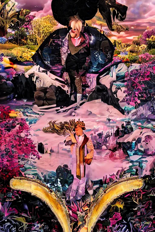 Image similar to Ethereal safari landscape with a pink rainbow sky under a god moonstone, black leather and embroidered Lolita dapper bespoke avant-garde tuxedo in velvet, black and gold rich color, dramatic cinematic lighting, featured on Artstation, extremely detailed by Lisa Frank