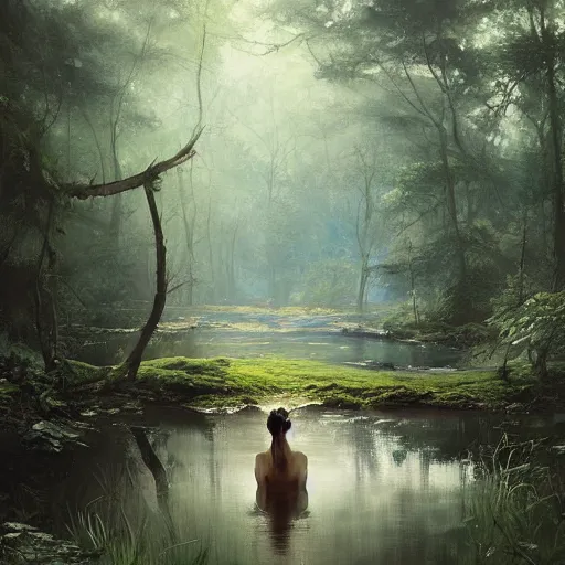 Image similar to water elemental resting at a pond inside a forest, oil painting, by Greg Rutkowski