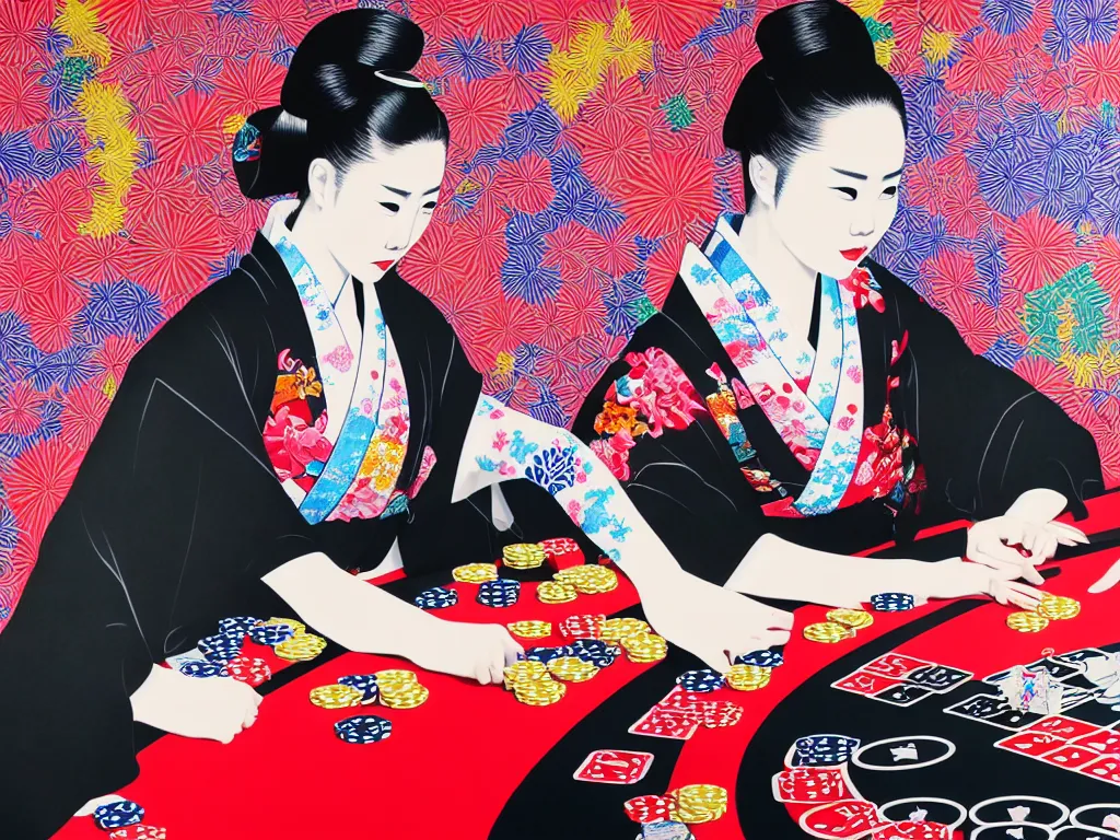 Image similar to hyperrealistic composition of the detailed woman in a japanese kimono sitting at a extremely detailed poker table with detailed darth vader, fireworks, mount fuji on the background, pop - art style, jacky tsai style, andy warhol style, acrylic on canvas