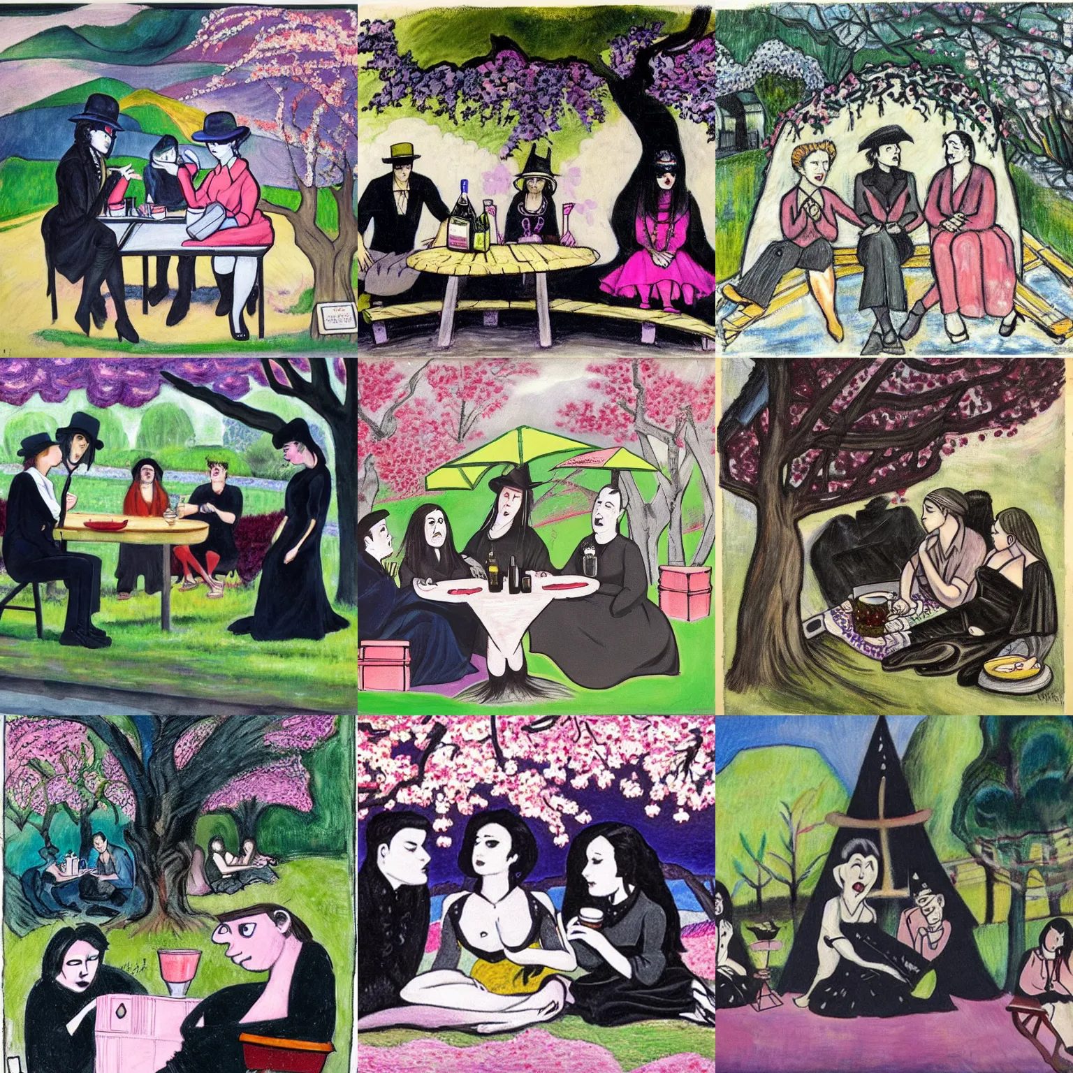 Prompt: art by emily carr depicting three goths sitting at a picnic table in the shade, talking beneath a cherry blossom outside a blockbuster video store.