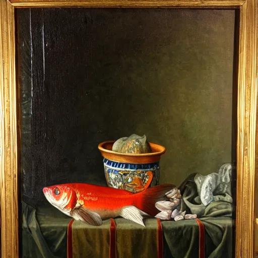 Prompt: a still life of a vase filled with dead fishes, oil painting