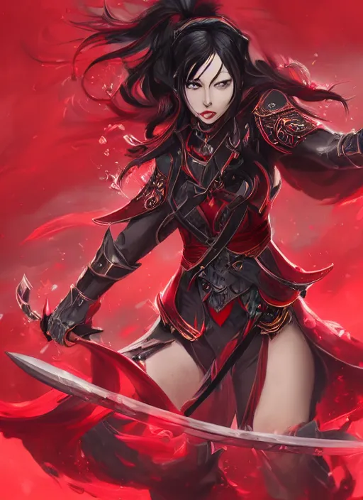 Image similar to a highly detailed illustration of elegant hime cut long black haired woman wearing red and black battle dress, heroically wielding black blade pose, with red magic surrounding her, intricate, elegant, highly detailed, centered, digital painting, artstation, concept art, smooth, sharp focus, league of legends concept art, WLOP