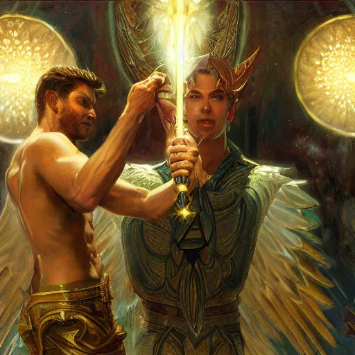 Image similar to attractive male deity casts light spell, summons attractive male lucifer morningstar. highly detailed painting by gaston bussiere, craig mullins, j. c. leyendecker 8 k