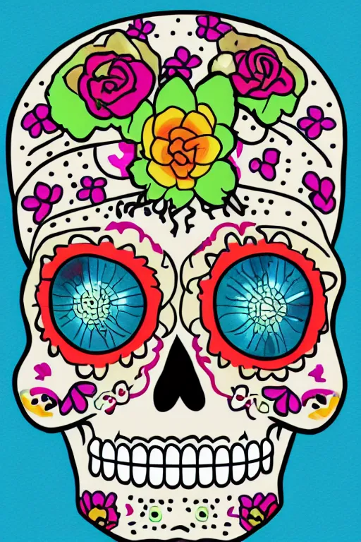 Image similar to illustration of a sugar skull day of the dead girl, art by meow wolf