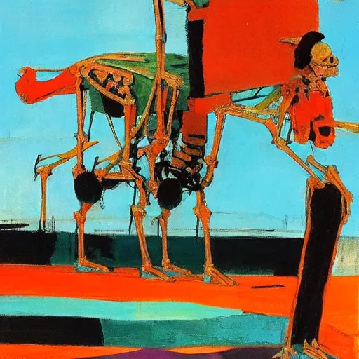 Image similar to The body art features a human figure driving a chariot. The figure is skeletal and frail, with a large head and eyes. The chariot is pulled by two animals, which are also skeletal and frail. turquoise by Sean Scully, by Arthur Streeton melancholic, colorful