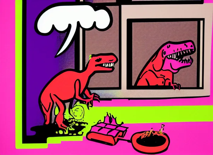 Prompt: a silkscreen print of a dinosaur made of waffles, barbecuing chewing gum, in a room with neon rainbow color drapes. outside the window a noir future
