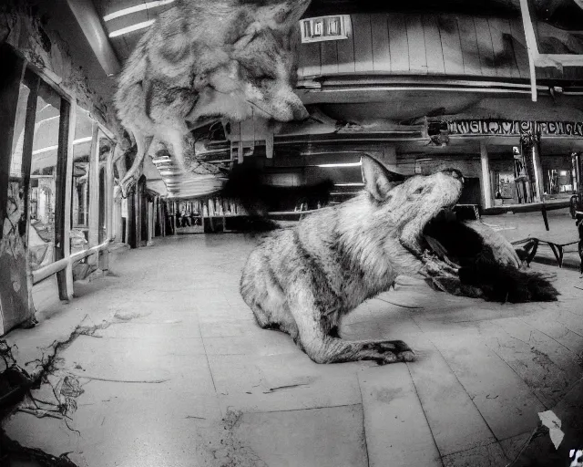 Image similar to Close up camera footage of a extremely aggressive Feral Mutated Wolf with severe late stage rabies in an abandoned shopping mall, Wolf Snarling Directly toward camera, Terrifying :7 , high exposure, dark, monochrome, camera, grainy, CCTV, security camera footage, timestamp, zoomed in, Feral, fish-eye lens, Rabid, Radiation Mutated Wolf, Nightmare Fuel, Wolf, Evil, Bite, Motion Blur, horrifying, lunging at camera :4 bloody dead body, blood on floors, windows and walls :5