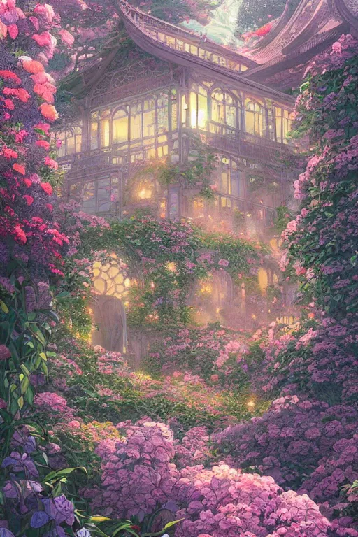 Image similar to a beautiful hyperdetailed illustration of absolutely beautiful blooming flower house alone, perfectly shaded, atmospheric lighting, style of studio ghibli, makoto shinkai, raphael lacoste, louis comfort tiffany, artgerm, james jean, ross tran, chinese style