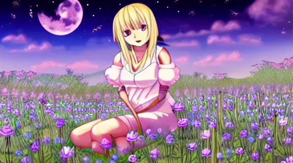 Prompt: Lucy Heartfilia sitting in a field of Clover | Big Moon at Night | GLOWING FLOWERS | strong blue rimlit | visual-key | anime illustration | highly detailed | in the style of Anmi