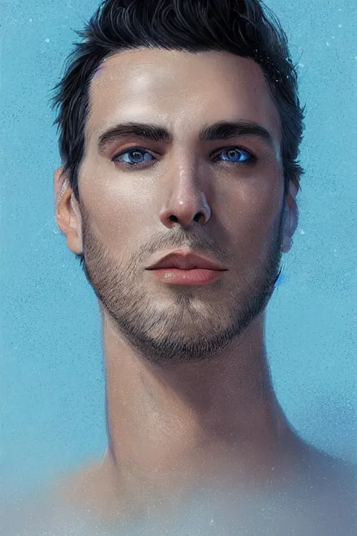 Image similar to portrait of a handsome man with black hair with sparkling blue eyes, art by Tomasz Ryger, Pablo Dobarro and Max Kostin, stylized, detailed, pastel colors, warm tones, Trending on artstation, artstationHD, artstationHQ, 4k, 8k