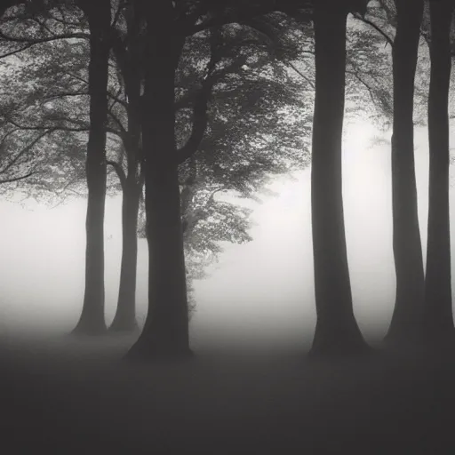 Image similar to deep misty forest with black hairy demon behind the tree, monochrome lomography