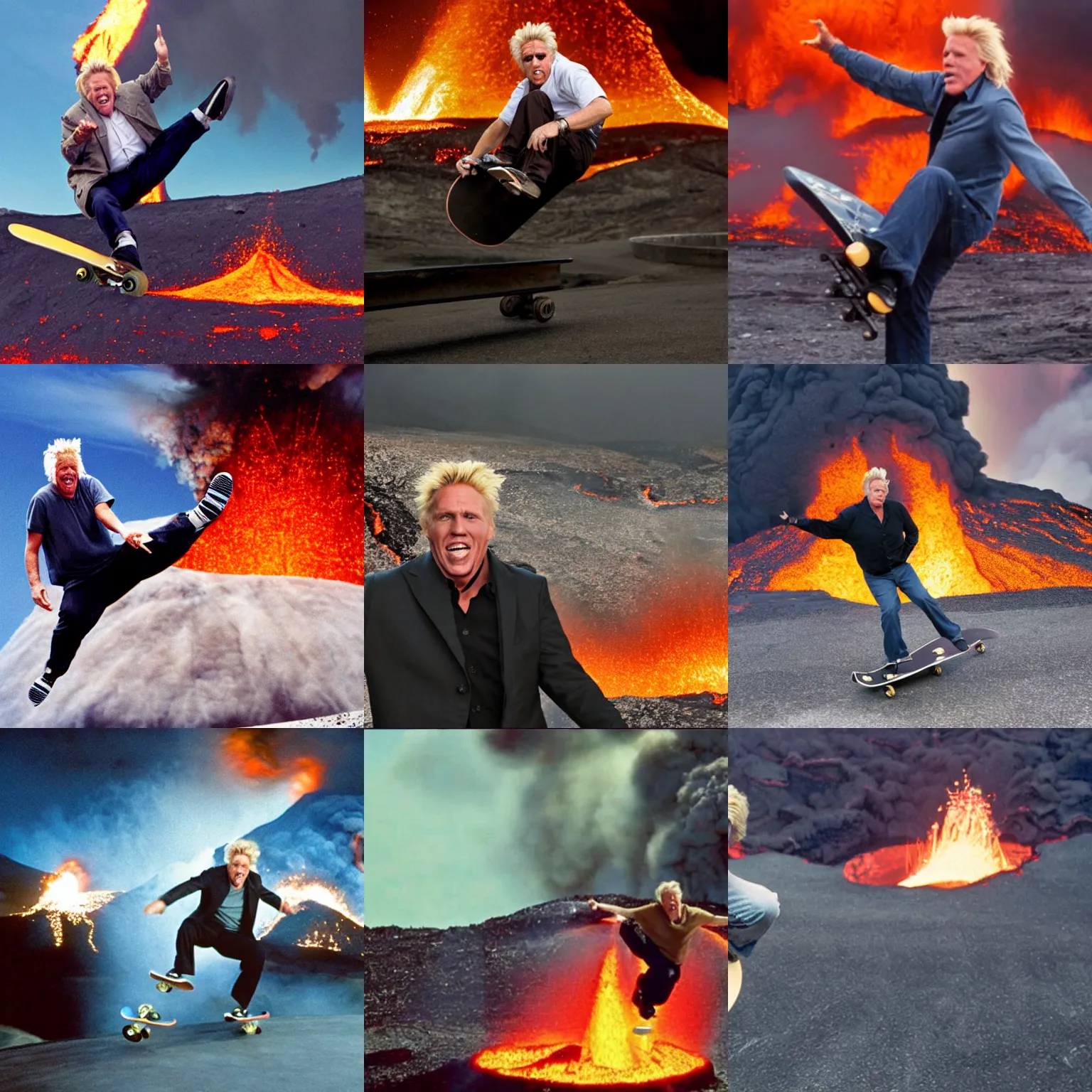 Prompt: gary busey doing a sweet skateboard trick into a volcano full of lava, movie still, an explosion is in the background, 8k, realistic