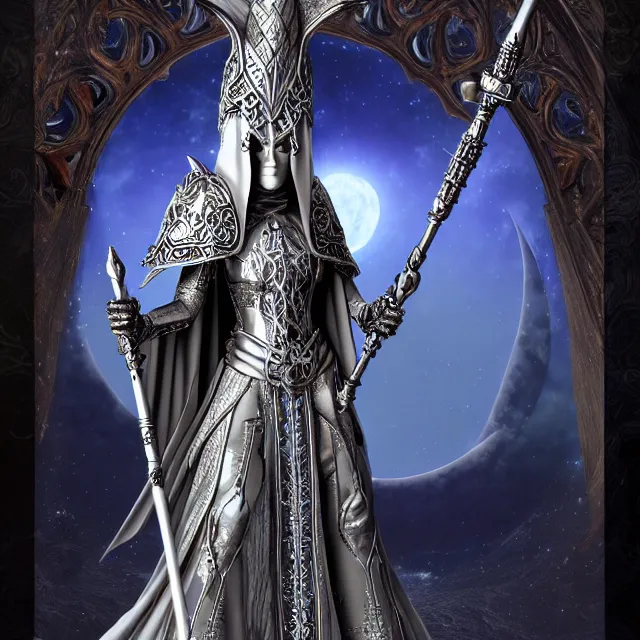 Image similar to elemental moon witch in ornate silver robes and staff, highly detailed, 8 k, hdr, anne stokes