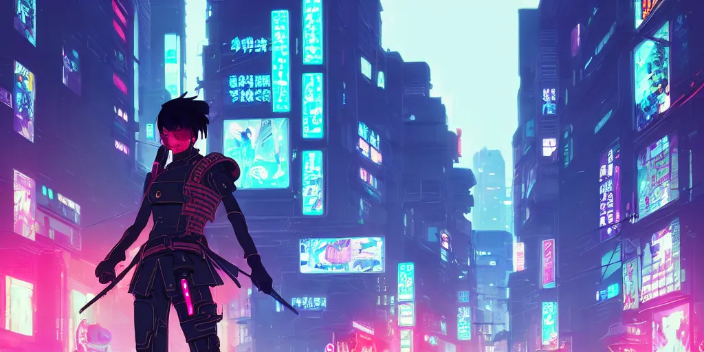 Image similar to digital illustration closeup of cyberpunk samurai in city street at night by makoto shinkai, ilya kuvshinov, lois van baarle, rossdraws, basquiat | afrofuturism, in the style of hearthstone, trending on artstation | cool color scheme