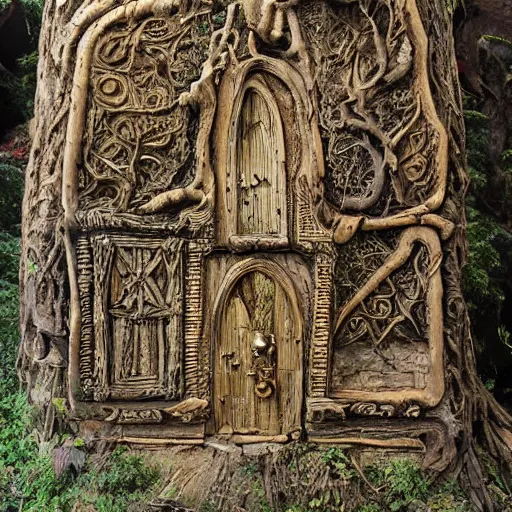 Image similar to art in the style of James Christensen, a ruined fortress , carved into the side of a tree, inhabited by elves and faeries, intricately detailed