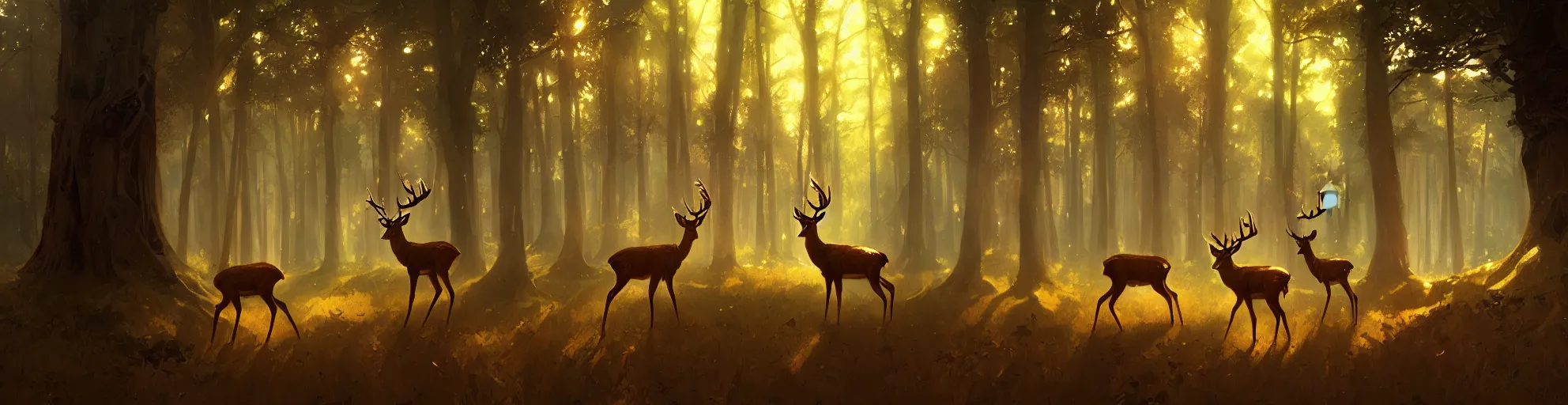 Image similar to Deer in Sherwood Forest, full frame, highly detailed, digital painting, artstation, concept art, smooth, sharp focus, illustration, art greg rutkowski and alphonse mucha