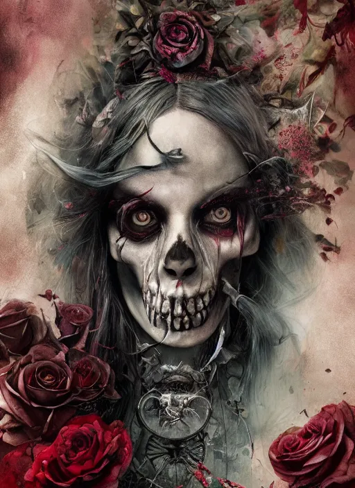 Image similar to Alice in Wonderland,roses,bullets,highly detailed,half skull face,cinematic,8k,by Stanley Artgermm,Tom Bagshaw,Greg Rutkowski,Carne Griffiths, Ayami Kojima, Beksinski, Giger,trending on DeviantArt,hyper detailed,horror, full of colour