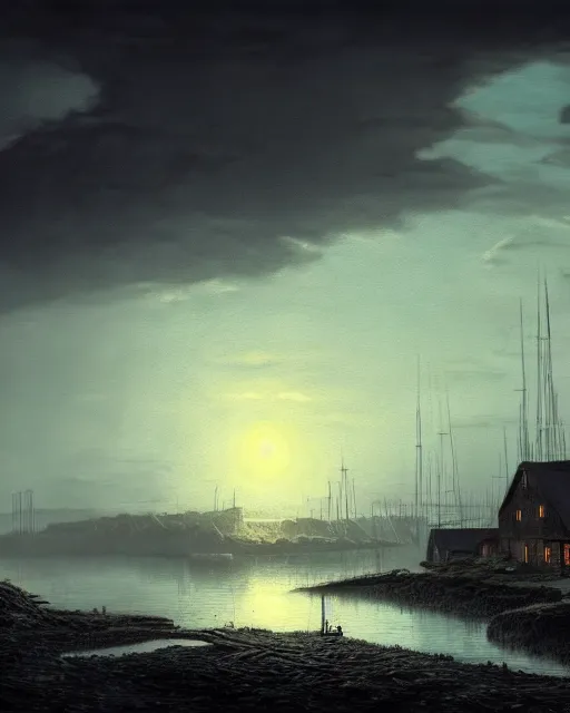 Image similar to a beautiful photorealistic illustration of nature abandoned fishing village by caspar david friedrich, extraterrestial nature at night neon noir neon signs water cloudy studio ghibli hyperrealism, archdaily, wallpaper, highly detailed, trending on artstation.