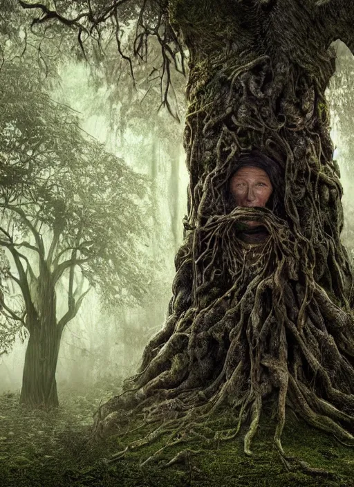 Image similar to a digital 3 d hyperrealistic hyperdetailed ancient tree with an old woman kind face covered with bark and moss, in a dark mysterious dark forest, dramatic mysterious lighting,