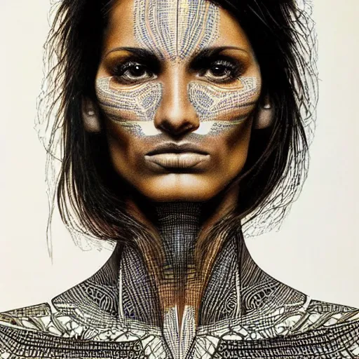Prompt: Brazilan Supermodel, olive skin, long dark hair, beautiful bone structure, intricate, elegant, highly detailed, smooth, sharp focus, art by Chuck Close