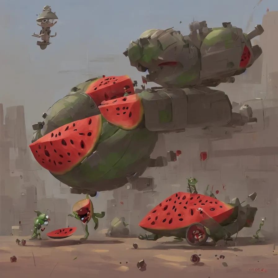 Image similar to Goro Fujita illustrating a watermelon military machine defending a city, art by Goro Fujita, sharp focus, highly detailed, ArtStation