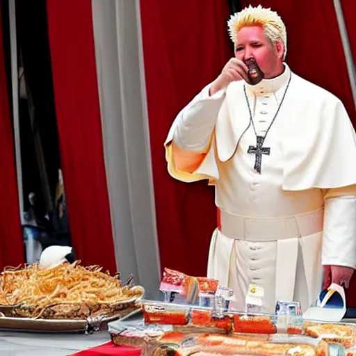 Image similar to guy fieri dressed as the pope eating spam from the can at a formal banquet at a table