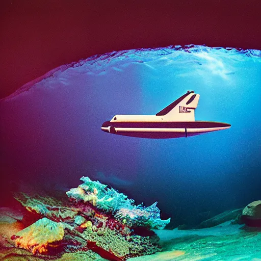 Prompt: dreamlike film photography of a 1920s wooden space shuttle at night underwater in front of colourful underwater clouds by Kim Keever. In the foreground floats a seasnake. low shutter speed, 35mm