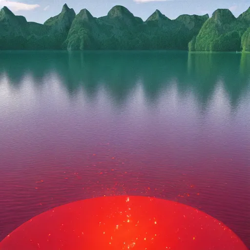 Image similar to A shiny red prism floating over a lake by Jeff Easley, rendered in octane.