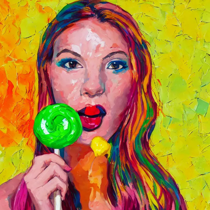 Image similar to portrait of beautiful woman licking a lollipop painted with colorful gouache impasto