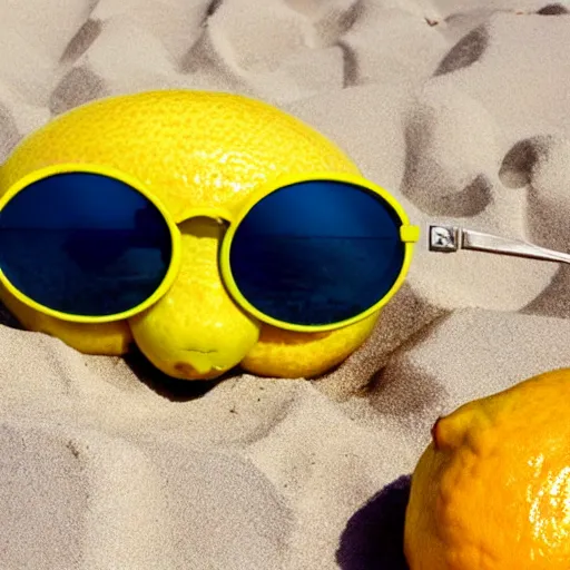 Prompt: a lemon fruit pixar movie character wearing sunglasses at the beach