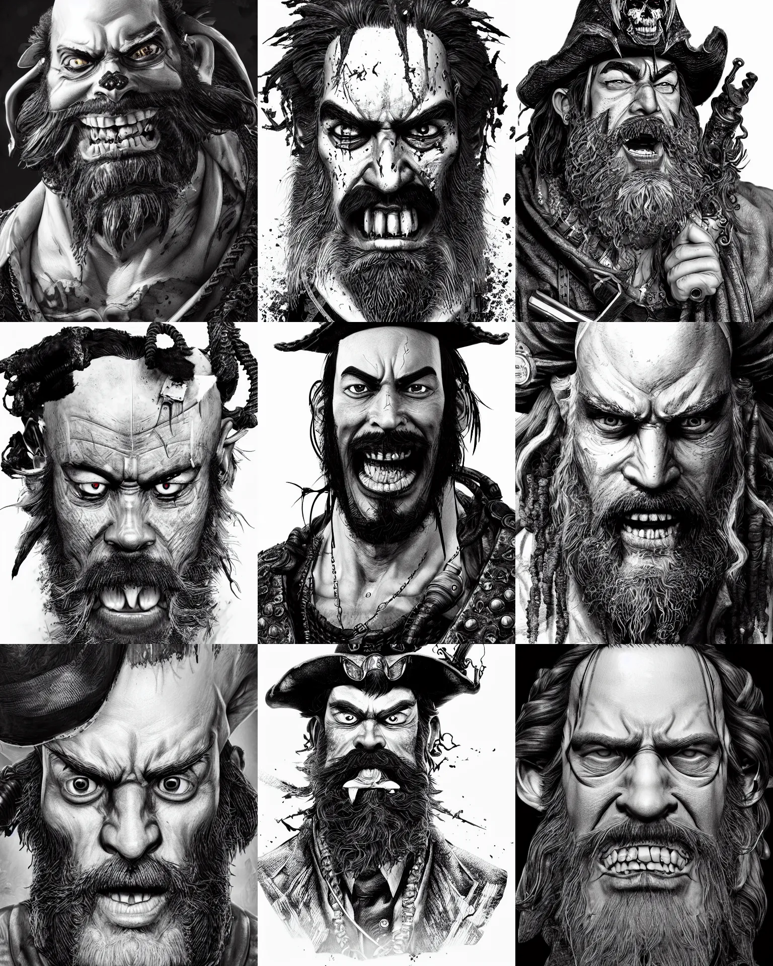 Prompt: highly detailed ink portrait photo illustration of marshall d teach blackbeard, unreal engine, octane render, b & w clean shaped illustration by kim jung gi, ric estrada, ron english and eiichiro oda