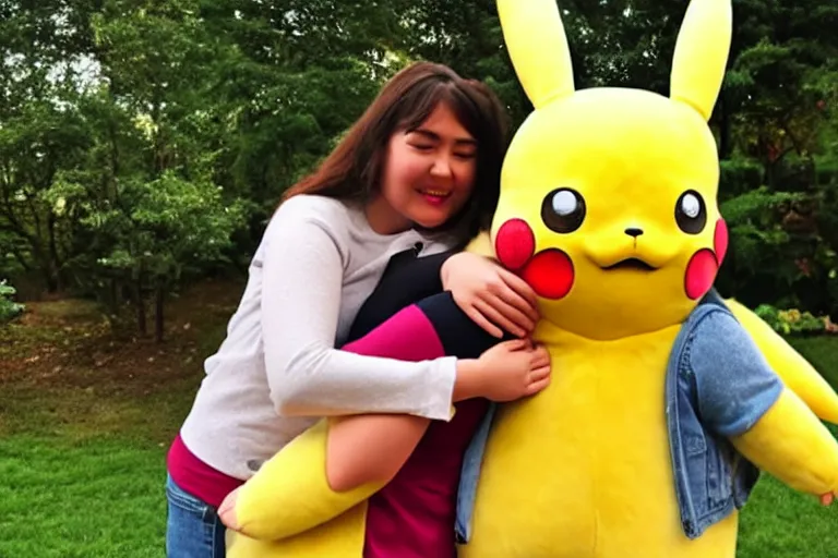 Image similar to a young woman is hugging a life size pikachu