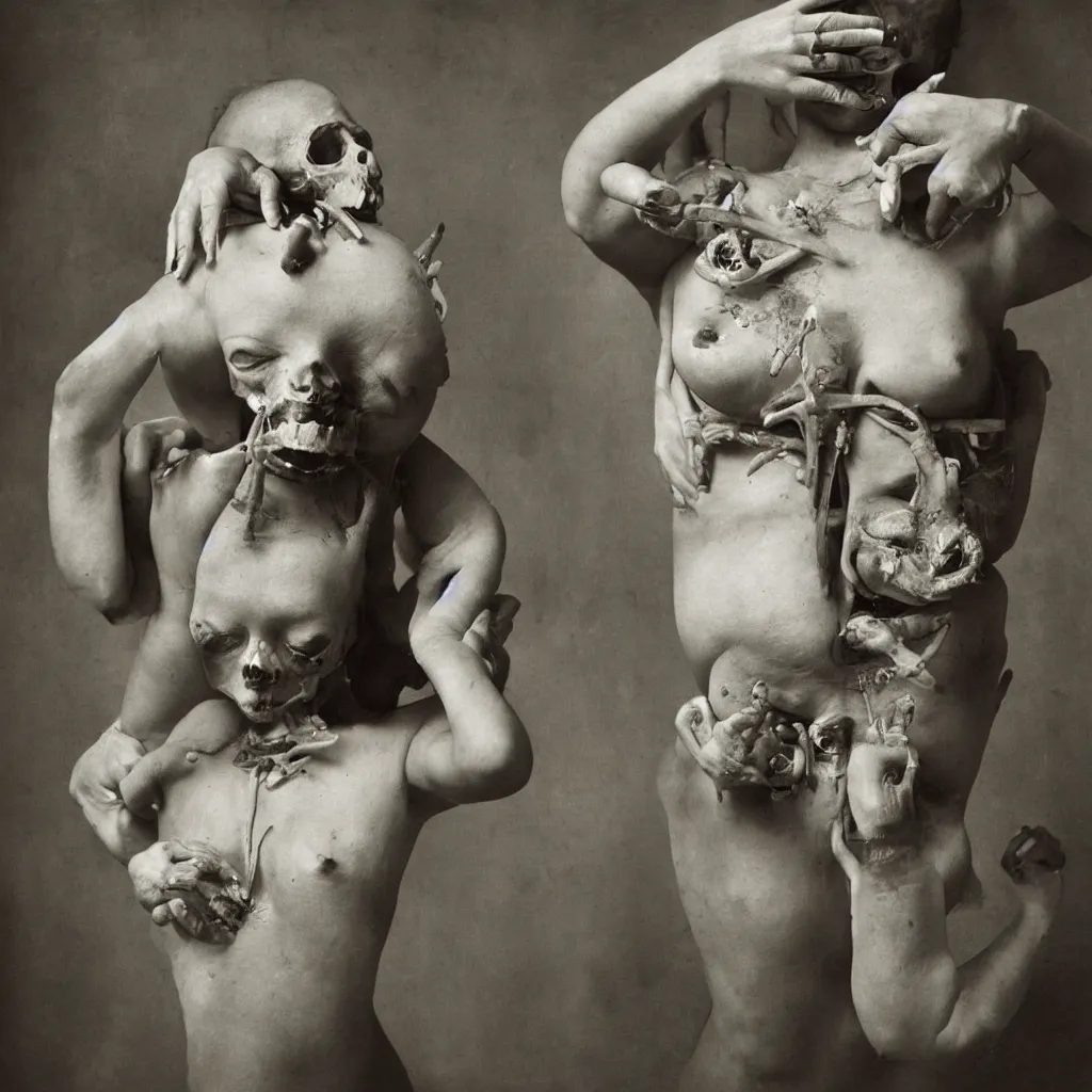 Image similar to a woman with hands in her belly and nails on her head, a lump on her back and tumors on her skin, open thorax with bones, half cut, in the style of joel peter witkin, robert doisneau