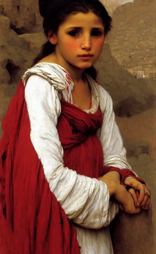 Image similar to portrait of berber girl, red and white garment, hd, realistic, bouguereau