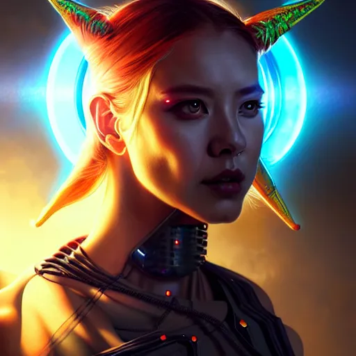 Image similar to portrait painting of cyberpunk solar mamamoo with a halo and devil horns, ultra realistic, concept art, intricate details, eerie, highly detailed, photorealistic, octane render, 8 k, unreal engine. art by artgerm and greg rutkowski and magali villeneuve and alphonse mucha