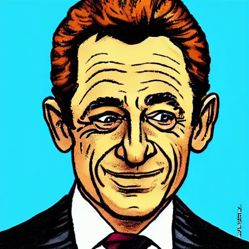 Image similar to portrait of Nicolas Sarkozy by Hergé, ligne claire french cartoon vivid colors