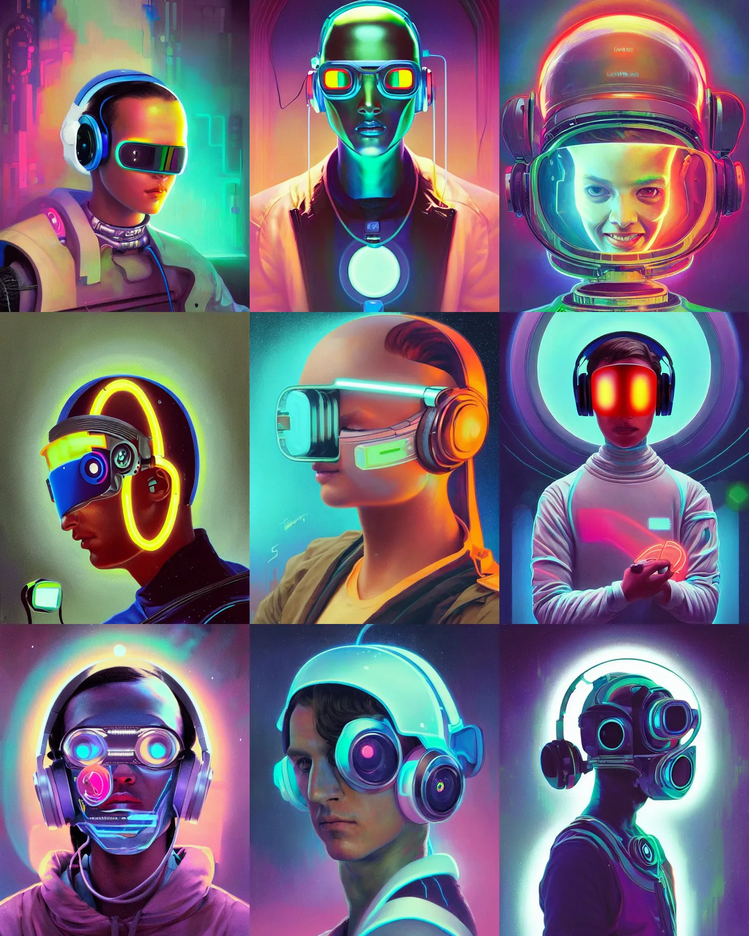 Prompt: future coder looking on, cyclops visor over eyes and sleek electric headphones, bismuth gradient tech data neon accents, desaturated headshot portrait painting by dean cornwall, ilya repin, rhads, tom whalen, alex grey, alphonse mucha, donoto giancola, astronaut cyberpunk electric fashion photography