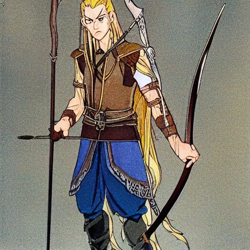 Image similar to Portait of Legolas in an 80s anime version of Lord of the Rings, holding a longbow, very detailed, ultra realistic, handpainted, Satoshi Kon, Hiyao Miyazaki, Katsuhiro Otomo