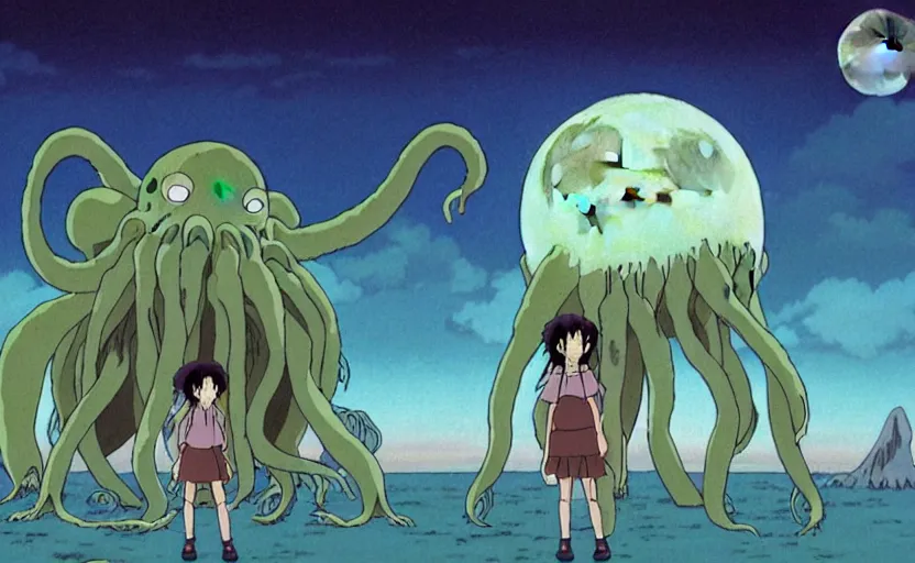 Image similar to a still from a studio ghibli movie of a cartoon cthulhu from princess mononoke ( 1 9 9 7 ), in front of a pale full moon, full body, wide shot, very dull muted colors, studio ghibli, highly detailed, deviantart, art by artgem