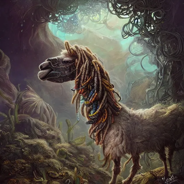 Prompt: llama with dreadlocks, industrial sci - fi, by mandy jurgens, ernst haeckel, james jean