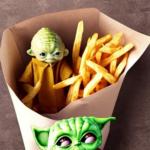 Image similar to baby yoda inside a bag of french fries