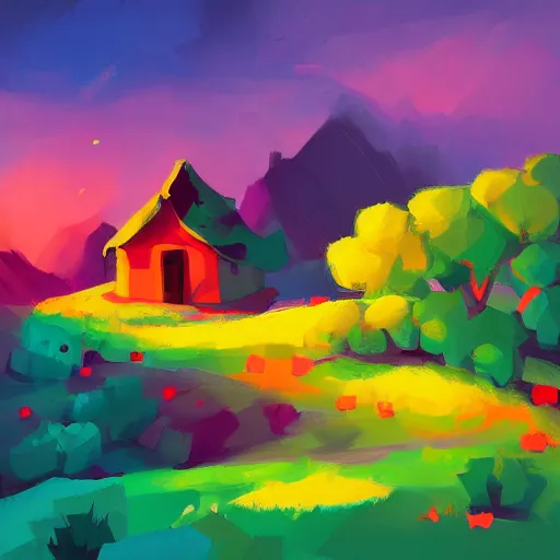 Image similar to dreamy landscape, colorful trees, little cottage, mountains, by Anton fadeev