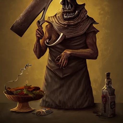 Image similar to a creepy cleaver-headed chef, fantasy art. Dark background, detailed, trending on Artstation