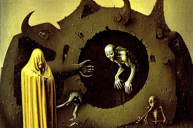 Image similar to fallen angel begs to enter the gates of hell by les edwards and hieronymus bosch