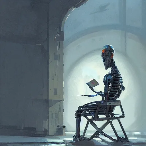 Image similar to a robot reading a book, highly detailed, digital painting, artstation, concept art, sharp focus, illustration, art by eddie mendoza and greg rutkowski and alphonse mucha