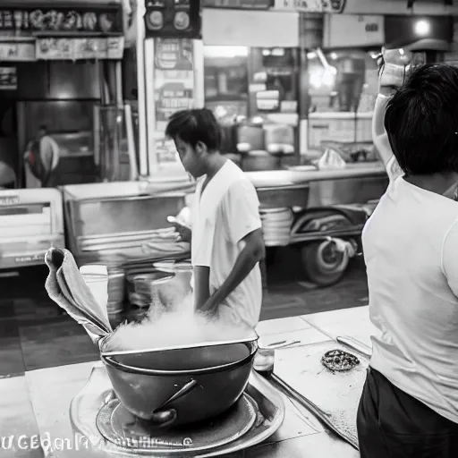 Prompt: a photograph of pikachu, with a towel over his neck, flipping roti prata at a hawker stall in singapore, nikkor 3 5 mm f / 4. 5, press photography - c 5 0